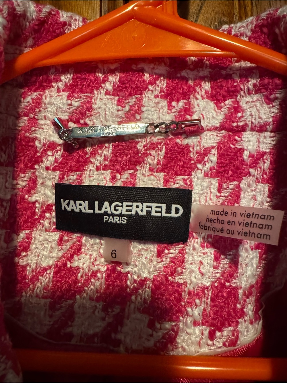 Karl Lagerfeld Paris Pink White Houndstooth Tweed Double Breasted Blazer Size 6 - Picture 3 of 9